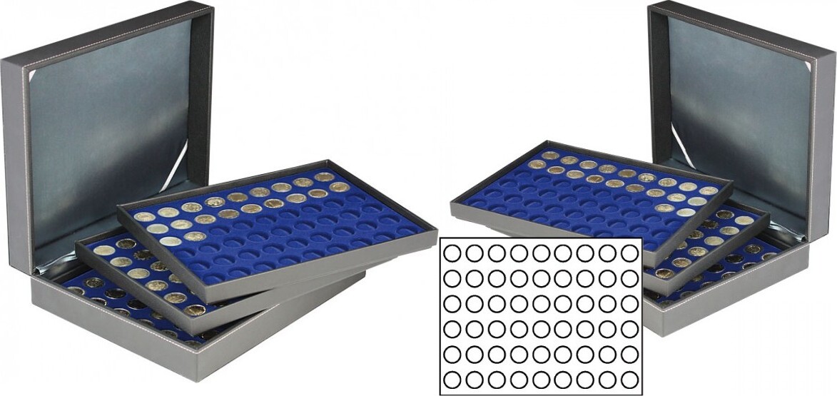 Münzkassette NERA XL mit 3 Tableaus und dunkelblauen Münzeinlagen für 162 Münzen mit Ø 25,75 mm, z.B. für 2 Euro-Münzen