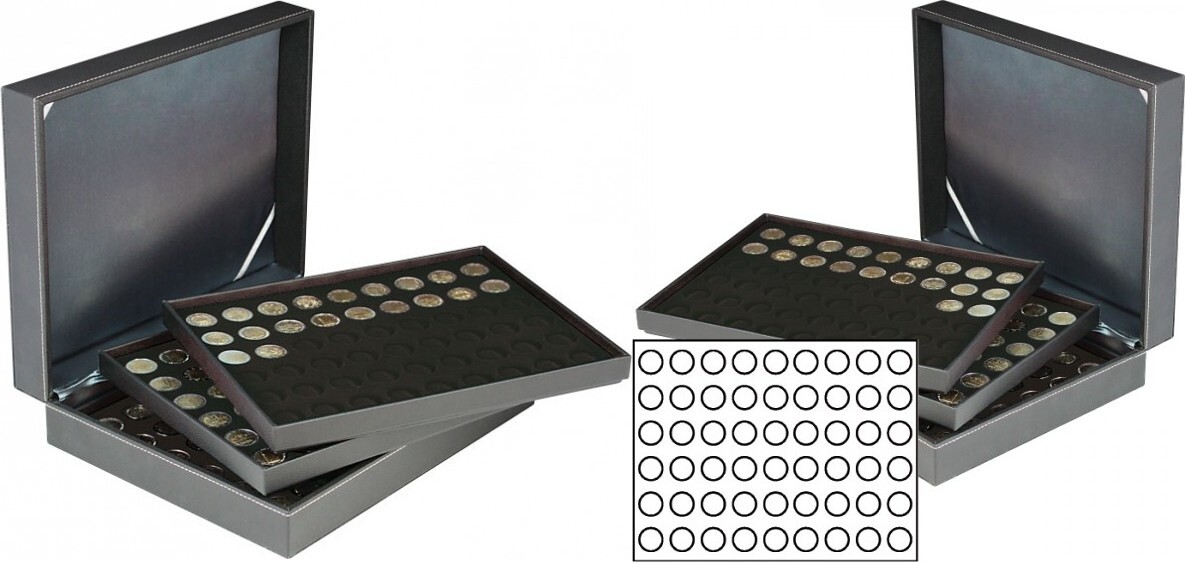 Münzkassette NERA XL mit 3 Tableaus und schwarzen Münzeinlagen für 162 Münzen mit Ø 25,75 mm, z.B. für 2 Euro-Münzen
