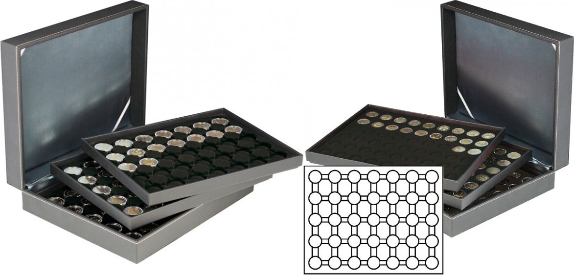 Münzkassette NERA XL mit 3 Tableaus und schwarzen Münzeinlagen für 105 Münzkapseln mit Außen-Ø 32 mm, z.B. für 2 Euro-Münzen in