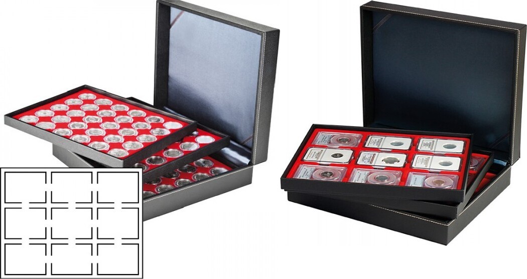 Münzkassette NERA XL mit 3 Tableaus und hellroten Münzeinlagen für 27 US-Münzkapseln (Slabs) bis zu einem Format von 63x85 mm