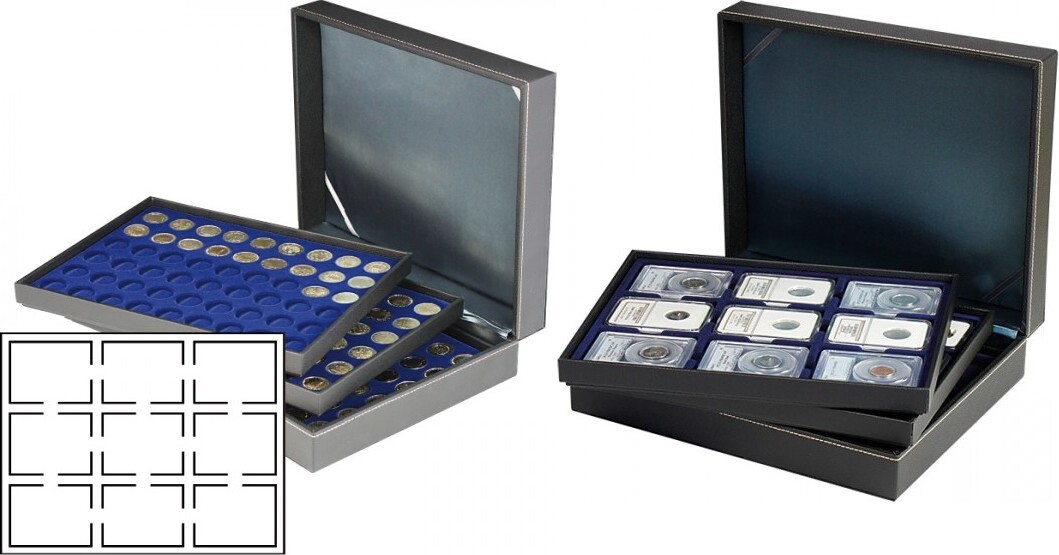 Münzkassette NERA XL mit 3 Tableaus und dunkelblauen Münzeinlagen für 27 US-Münzkapseln (Slabs) bis zu einem Format von 63x85 mm