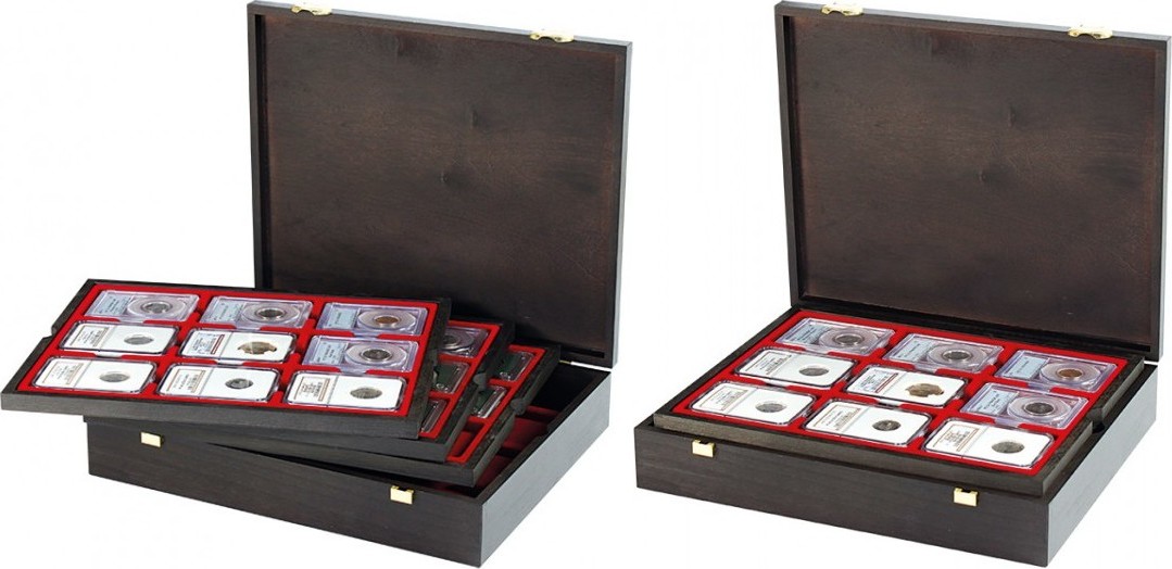 Echtholzkassette CARUS für 36 US-Münzkapseln (Slabs) bis zu einem Format von 63x85 mm