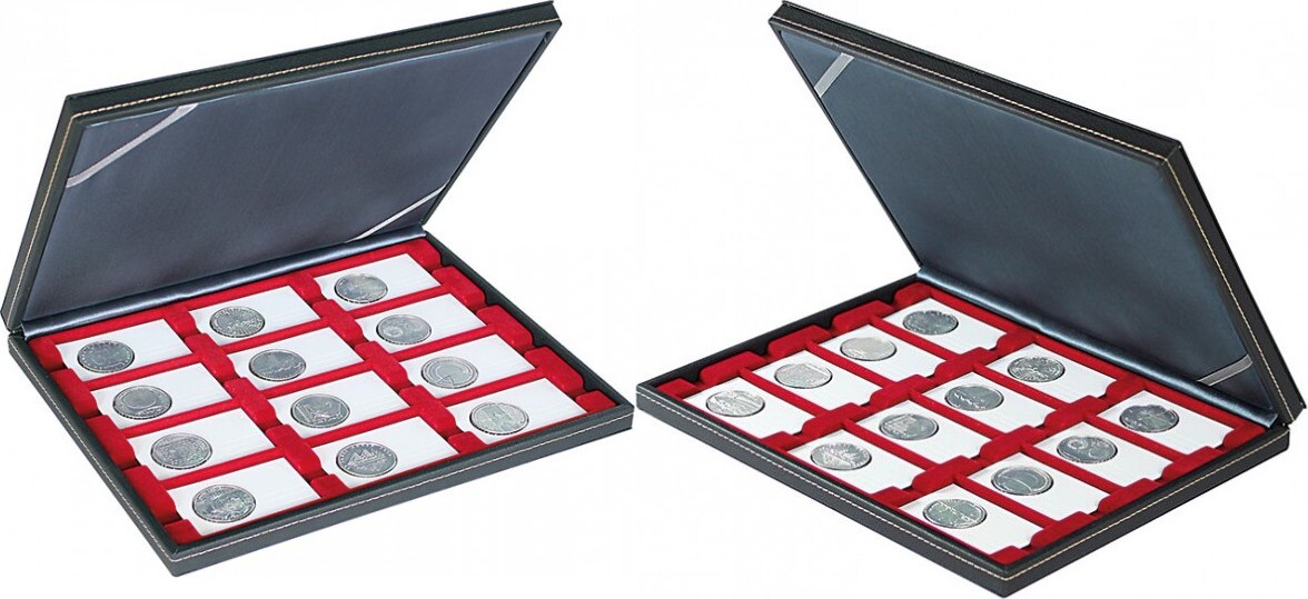 Münzkassette NERA M mit dunkelroter Münzeinlage mit 12 rechteckigen Fächern für REBECK COIN L Münzrähmchen 75x50 mm
