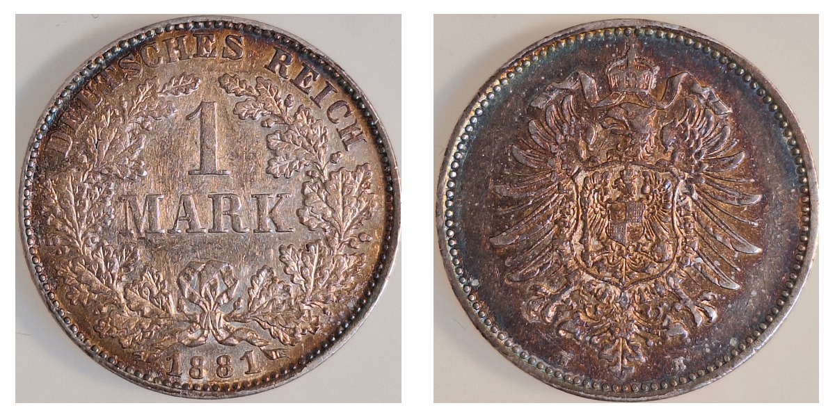 1 Mark 1881 H J009 ss/vz, hübsche Patina  00981H-2-5-PAT – Vorder- und Rückseite