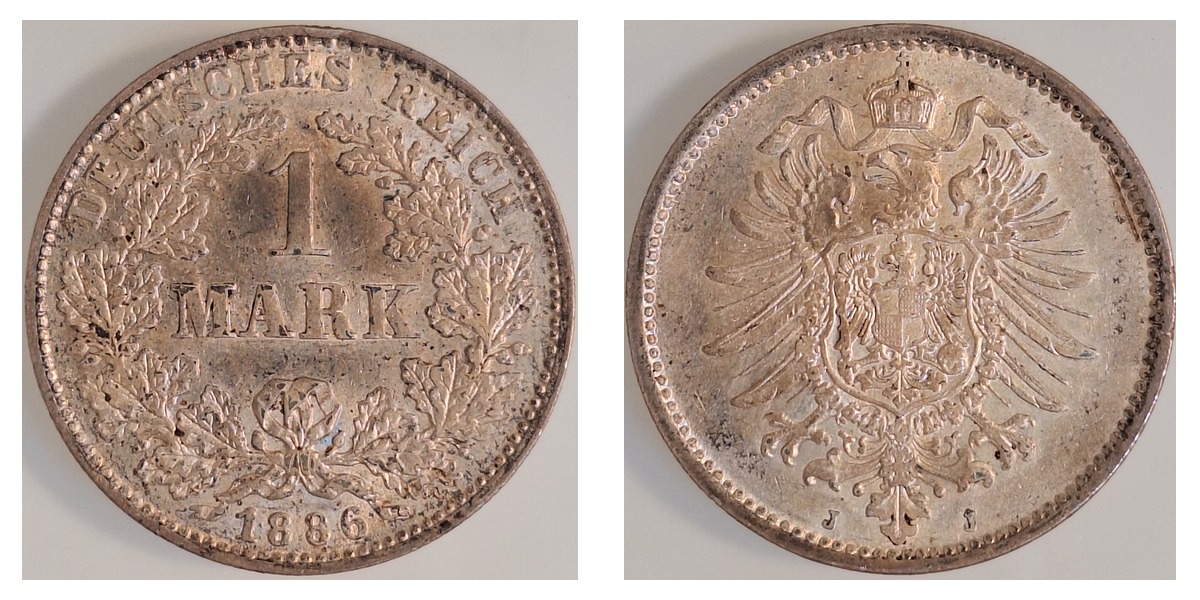 1 Mark 1886 J J009 Vorzüglich, leichte Patina  00986J-2-0-PAT – Vorder- und Rückseite