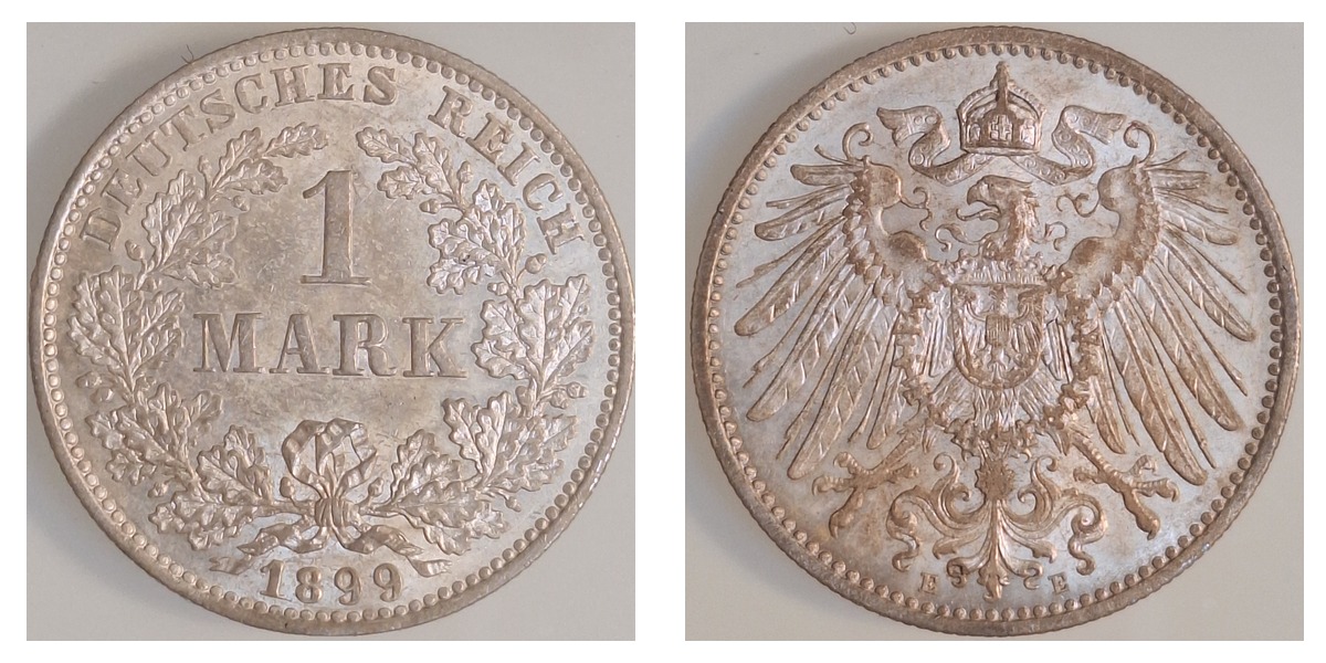 1 Mark 1899 E Jaeger 017 vorzüglich 01799E-2-0 – Vorder- und Rückseite