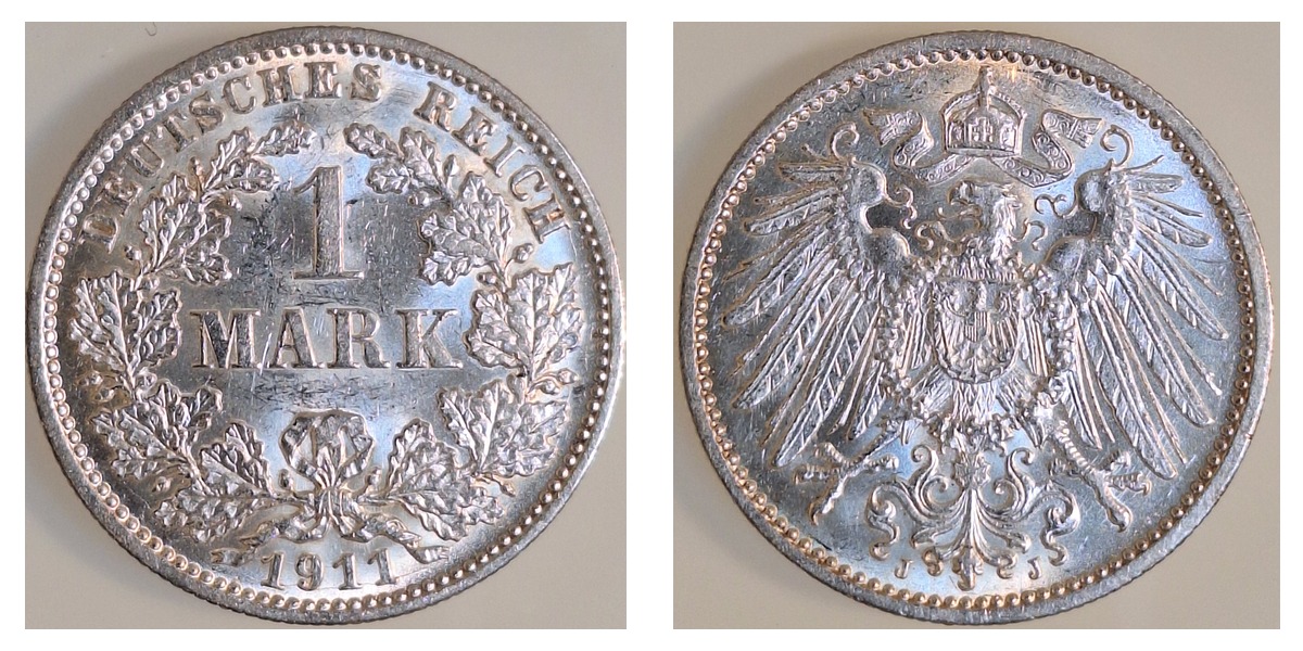 1 Mark 1911 J vz/stgl  Jaeger 017 – Vorder- und Rückseite