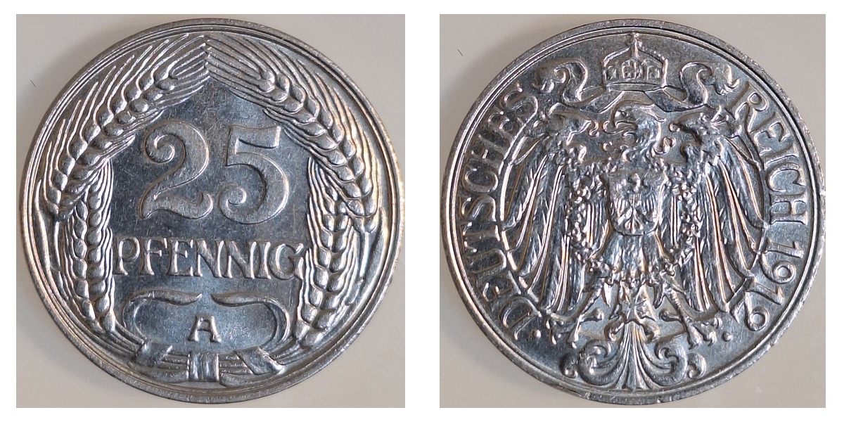 25 Pfennig 1912 A J018, Stgl. Erstabschlag, TOP – Vorder- und Rückseite