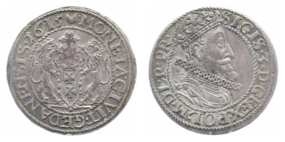 1/4 Taler 1615 Danzig Ort gdanski Zygmunt III Waza KM# 6g 1-4-TH-DAN-1615-2-0 – Vorder- und Rückseite