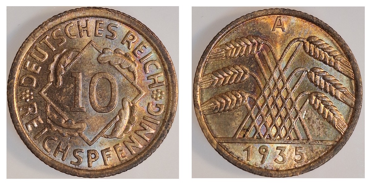 10 Reichspfennig 1935 A J317, stgl herrliche Regenpatina, Unikat? 31735A-1-0-PAT – Vorder- und Rückseite