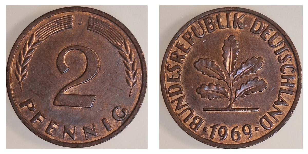 2 Pfennig 1969 J fast VZ Bronze, unmagnetisch, inkl. Expertise – Vorder- und Rückseite