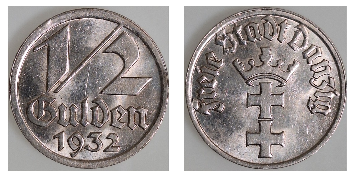 1/2 Gulden Danzig Ni. 1932 ohne MZZ. Selten in guter Erhaltung, TOP – Vorder- und Rückseite