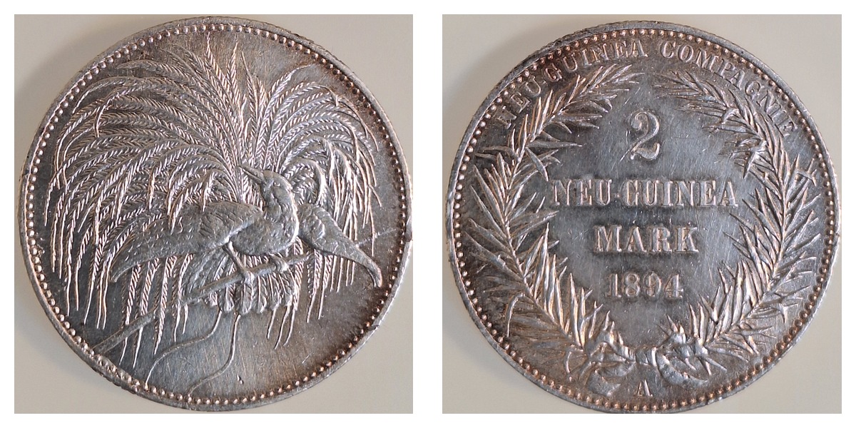 2 Mark Neu-Guinea 1894 A fast Vorzüglich, minimaler Henkelspur – Vorder- und Rückseite