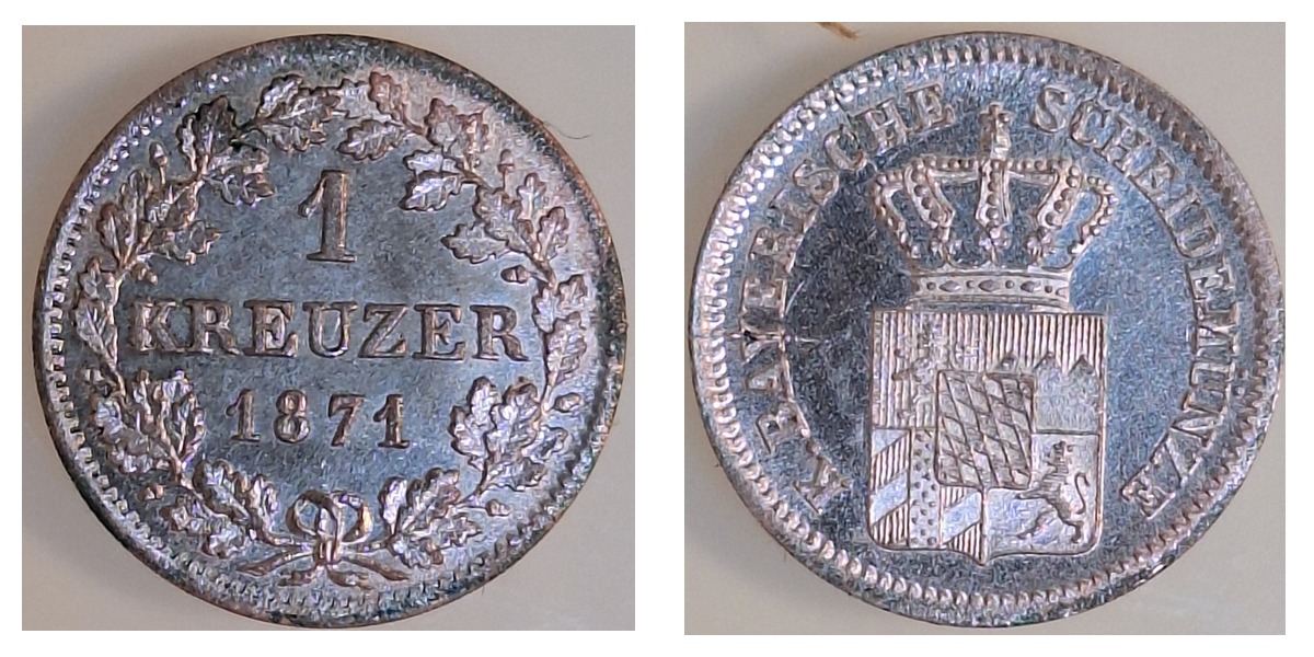 1 Kreuzer 1871 Bayern Prägefrisch-Stempelglanz Erstabschlag KR-1-Bay-1871-1-1A – Vorder- und Rückseite