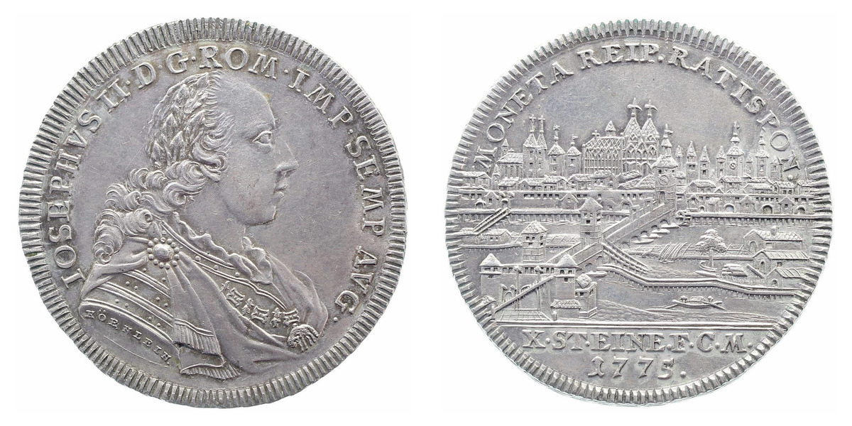 Taler 1775 Regensburg Joseph II Stadtansicht vz/stgl KM# 428  TH-REG-1775-1-5 – Vorder- und Rückseite