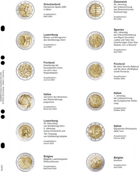 Multi Collect Vordruckblatt für 2 Euro-Gedenkmünzen: Griechenland 2004 - Belgien 2006