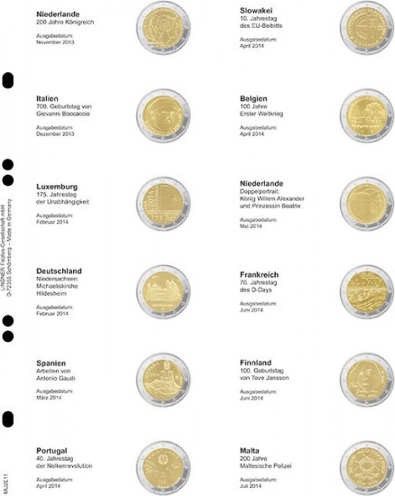 Multi Collect Vordruckblatt für 2 Euro-Gedenkmünzen: Niederlande 2013 - Malta 2014