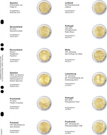 Multi collect Vordruckblatt für 2 Euro-Gedenkmünzen: Spanien Dezember 2014 - Frankreich Juli 2015