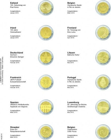 Multi collect Vordruckblatt für 2 Euro-Gedenkmünzen: Estland Januar 2016 - Belgien Mai 2016