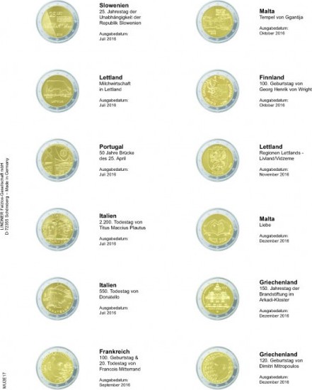 Multi collect Vordruckblatt für 2 Euro-Gedenkmünzen: Slowenien Juli 2016 - Griechenland Dezember 2016