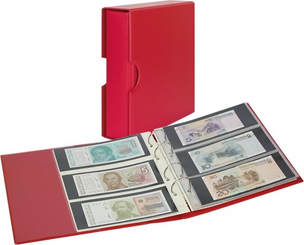PUBLICA M COLOR Banknotenalbum mit 10 beidseitig bestückbaren Folienblättern in zwei Ausführungen-Berry (rot) - mit passender Sc