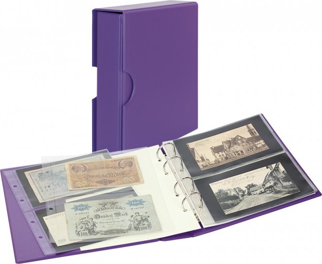 PUBLICA M COLOR Banknotenalbum mit 10 beidseitig bestückbaren Folienblättern in zwei Ausführungen-Viola (Lila) - mit passender S