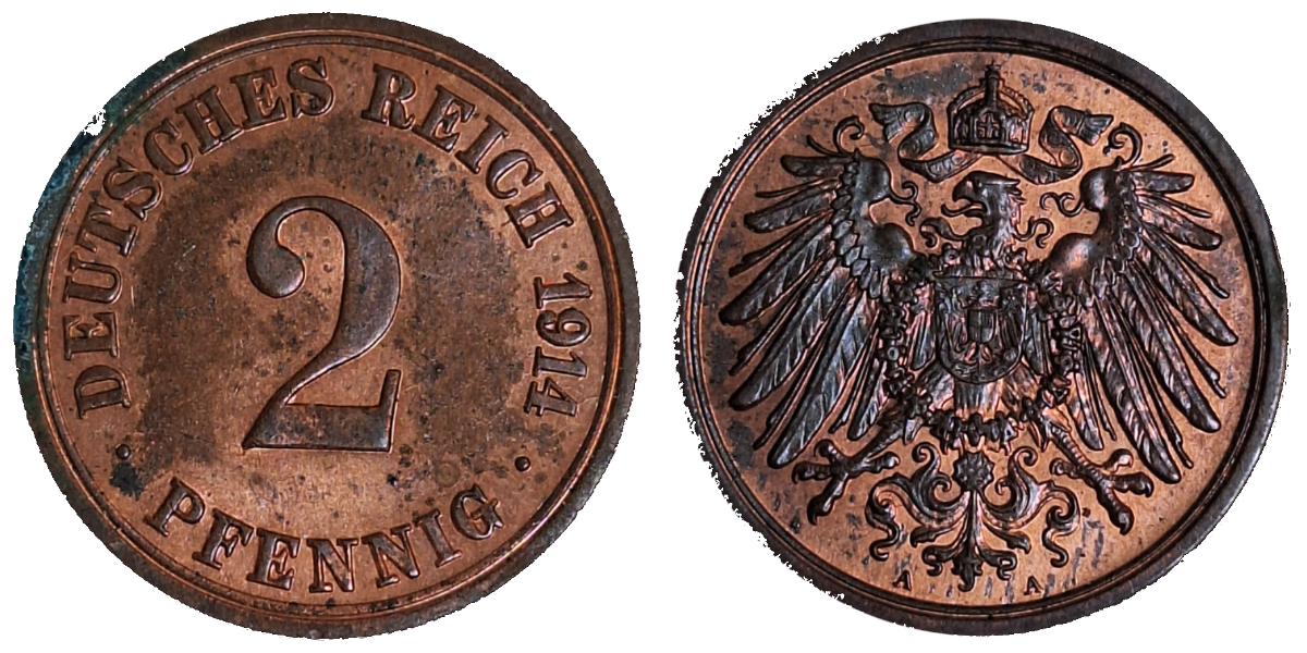2 Pfennig 1914 A prfr!! ein wenig Grünspan am Rand