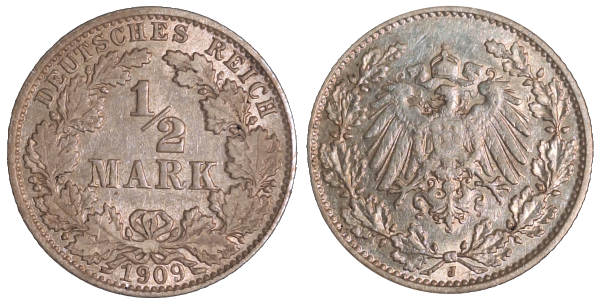 1/2 Mark 1909 J J 16 sehr schön