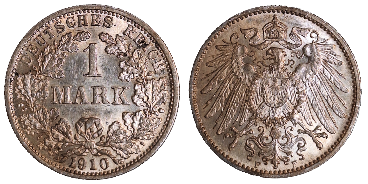 1 Mark 1910 F vz-stgl, leichte, beginnende goldene Patina