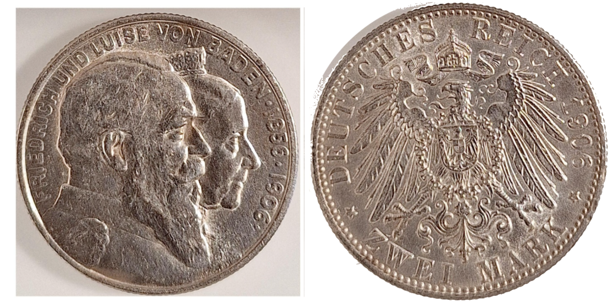 2 Mark 1906 G Baden Goldene Hochzeit vz+, minimaler Rf