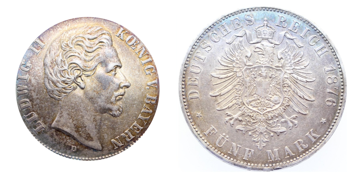 5 Mark Ludwig II Bayern 1876 D f.prfr/prfr/st Stempeldrehung