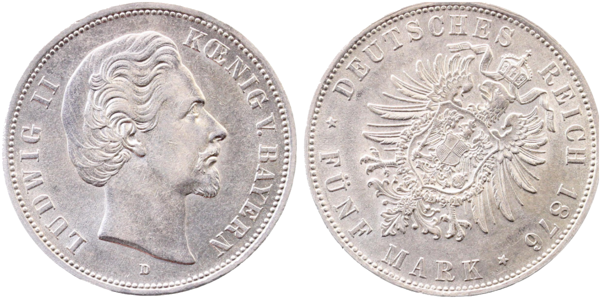 5 Mark 1876 D Ludwig II Bayern Stempeldrehung 30° vz/stgl