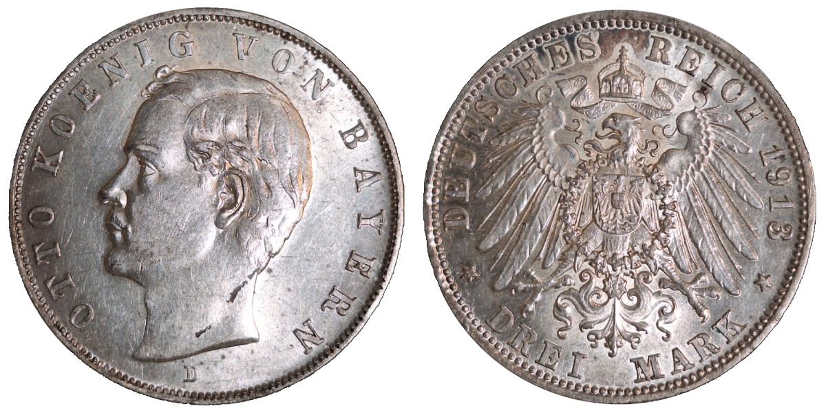3 Mark Bayern Otto 1913 D vz/st J 47