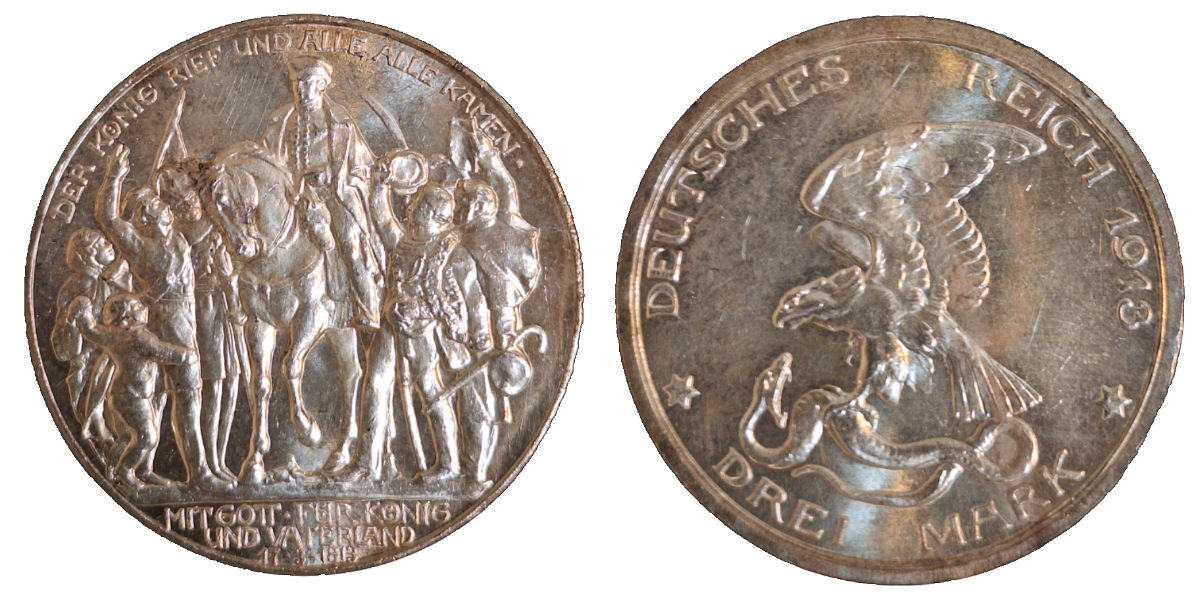 3 Mark Der König rief und alle alle kamen, 1913 vz/stgl !!