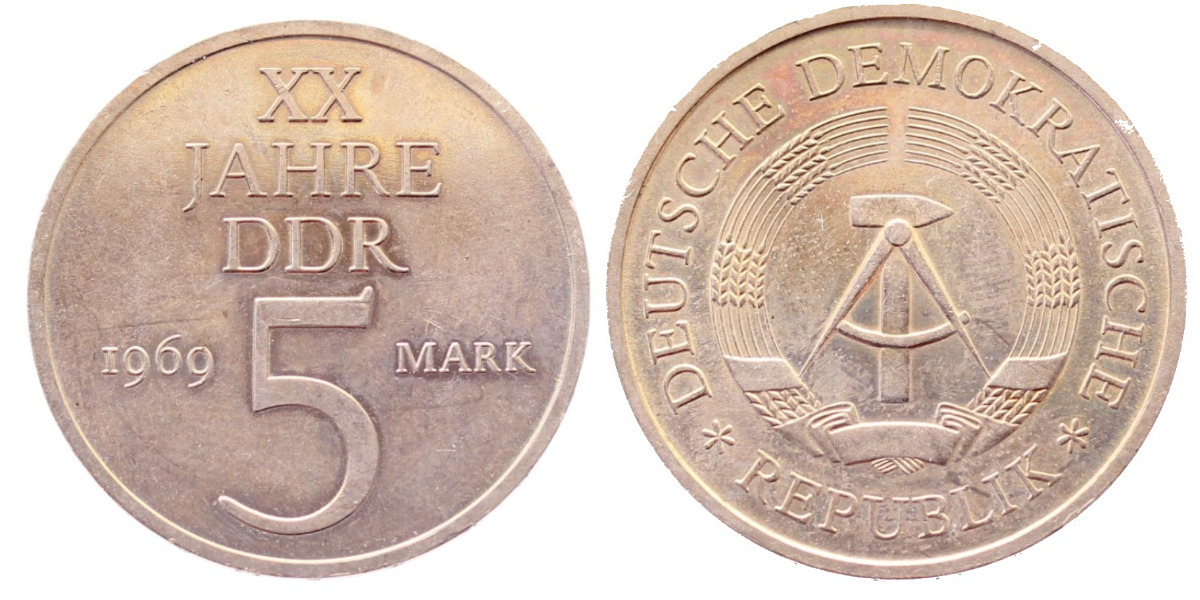 5 Mark XX Jahre DDR 1969 stempelglanz Erstabschlag EA