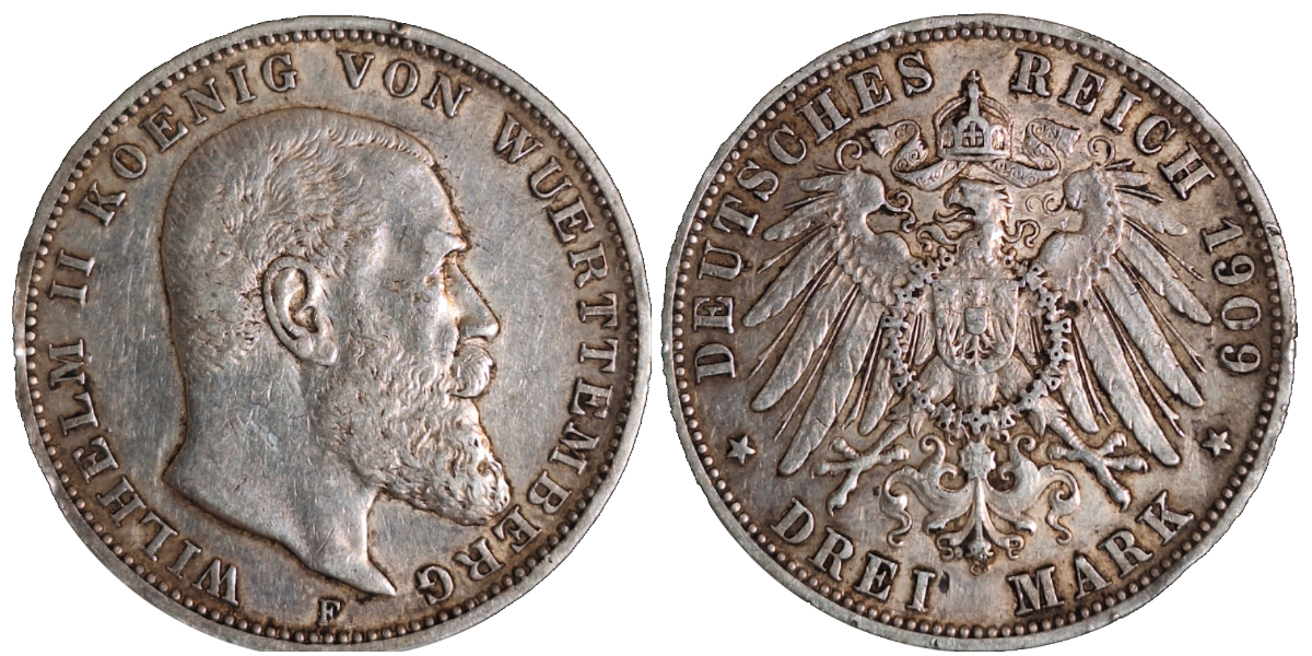 3 Mark Württemberg 1909 F Wilhelm II ss kleine Randfehler