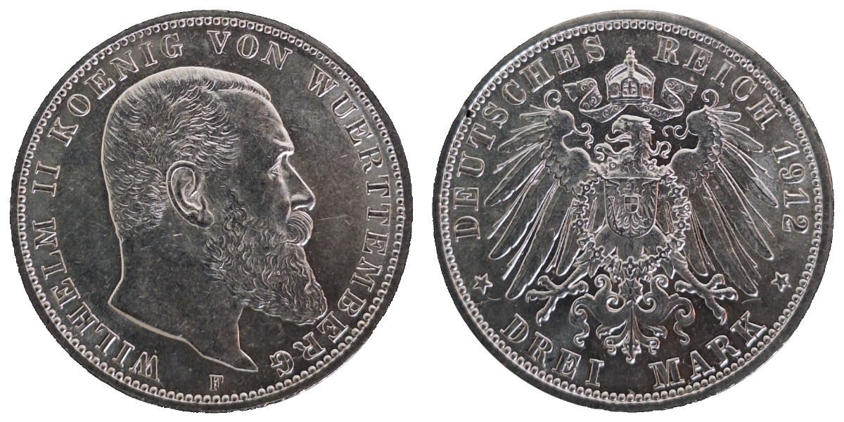3 Mark Württemberg 1912 F vz/stgl/f.prfr !!!