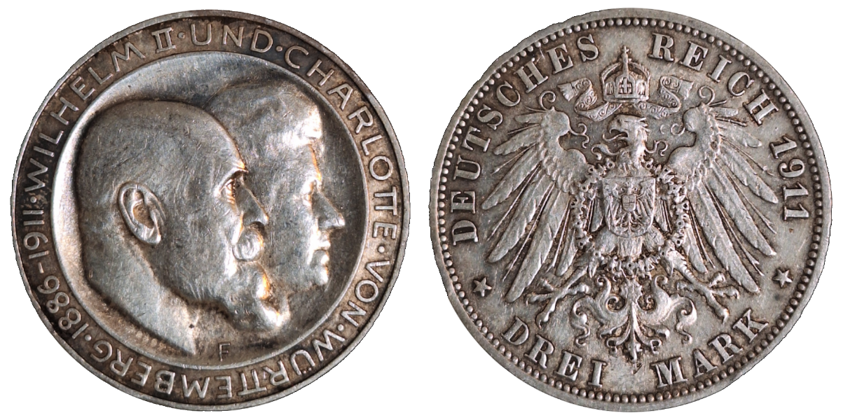 3 Mark Württemberg Silberne Hochzeit 1911 J 177a ss/vz