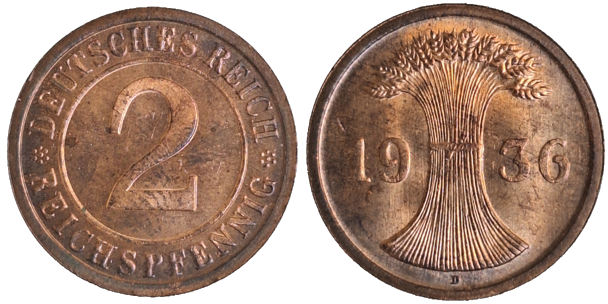2 Reichspfennig 1936 D prfr/stgl J314