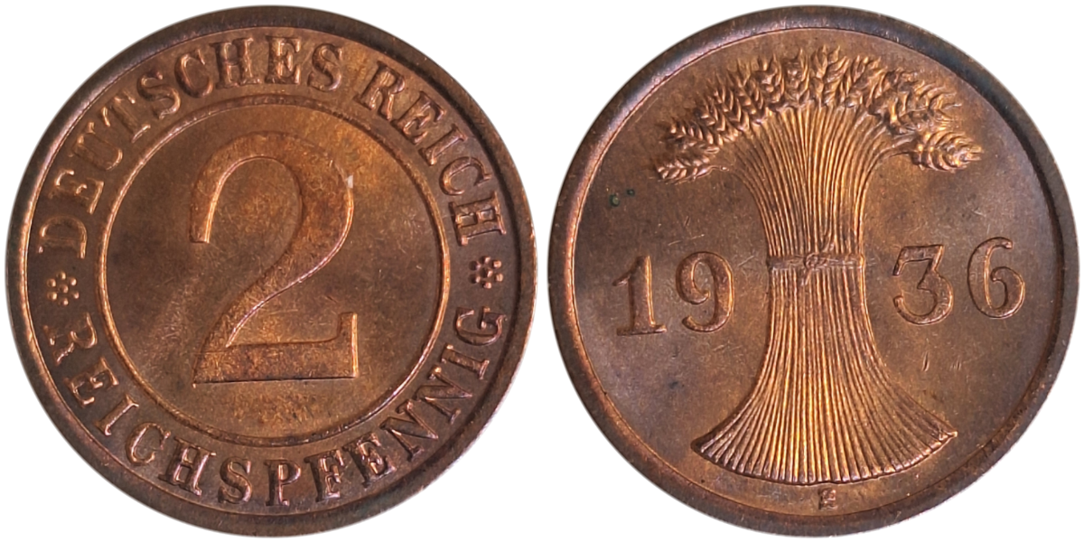 2 Reichspfennig 1936 E stgl, aussergewöhliche Qualität in Originalfarbe