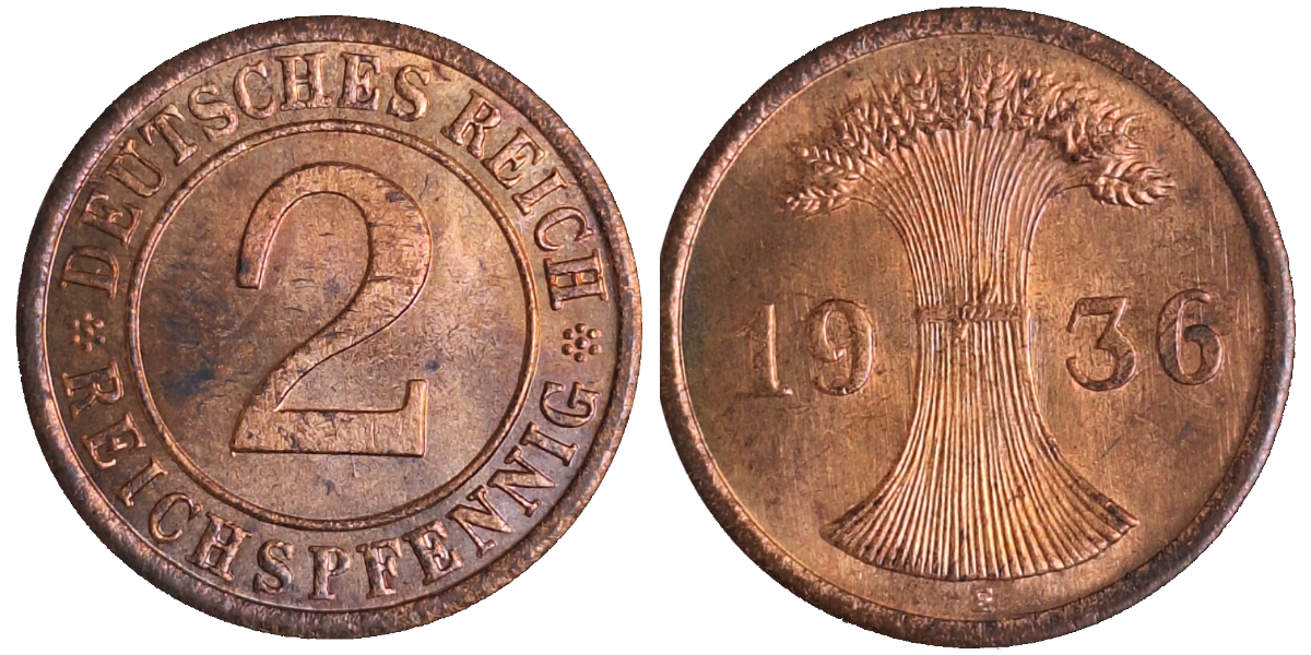 2 Reichspfennig 1936 E prfr/stgl !!!!