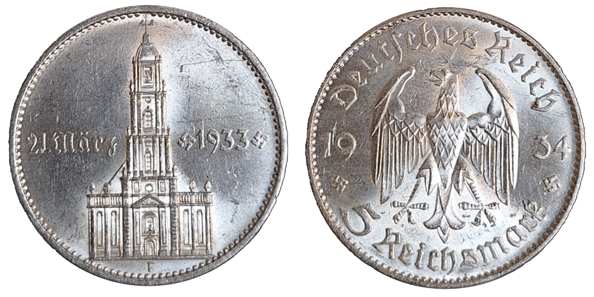 5 Mark 1934 F Garnisonkirche "mit Datum" f.st/fast prfr TOP