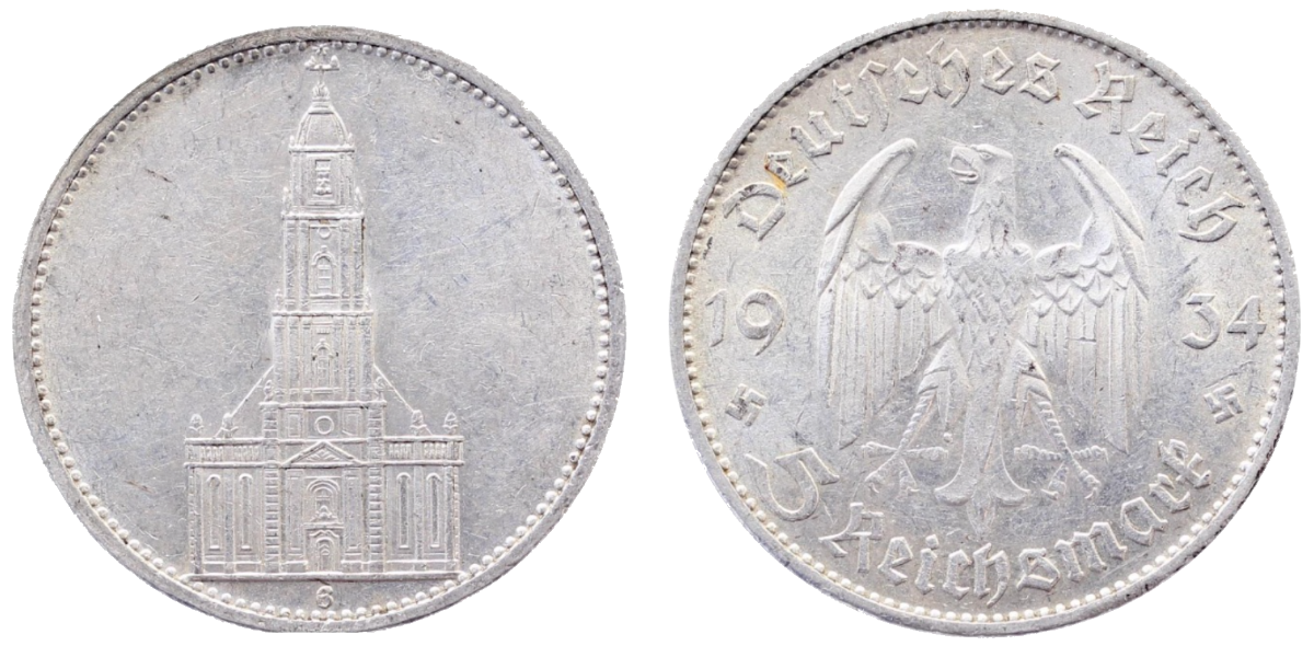 5 Mark 1934 G Garnisonkirche "ohne Datum" vz J 357 5 RM