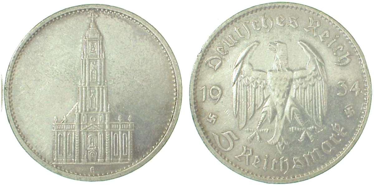 5 Reichsmark 1934 G Garnisonkirche "ohne Datum" f.vz J 357