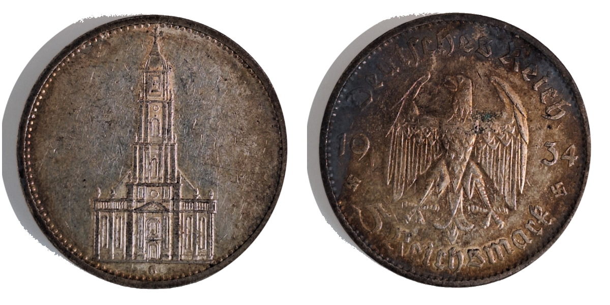 5 Mark RM 1934 G Garnisonkirche "ohne Datum" ss/vz mit schöner Patina