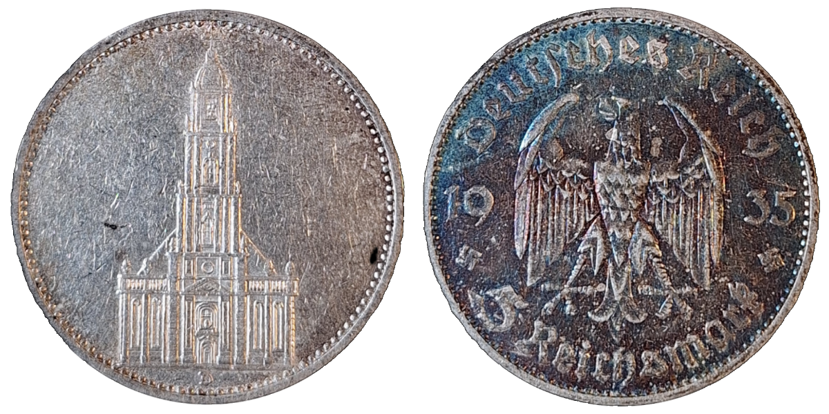 5 Mark RM 1935 D Garnisonkirche "ohne Datum" fast VZ, mit tlw. schöner Patina