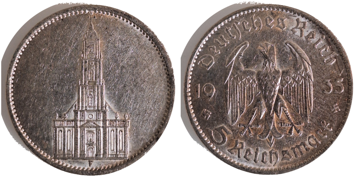 5 Mark RM 1935 F Garnisonkirche "ohne Datum" J 357 vz min. Randfehler