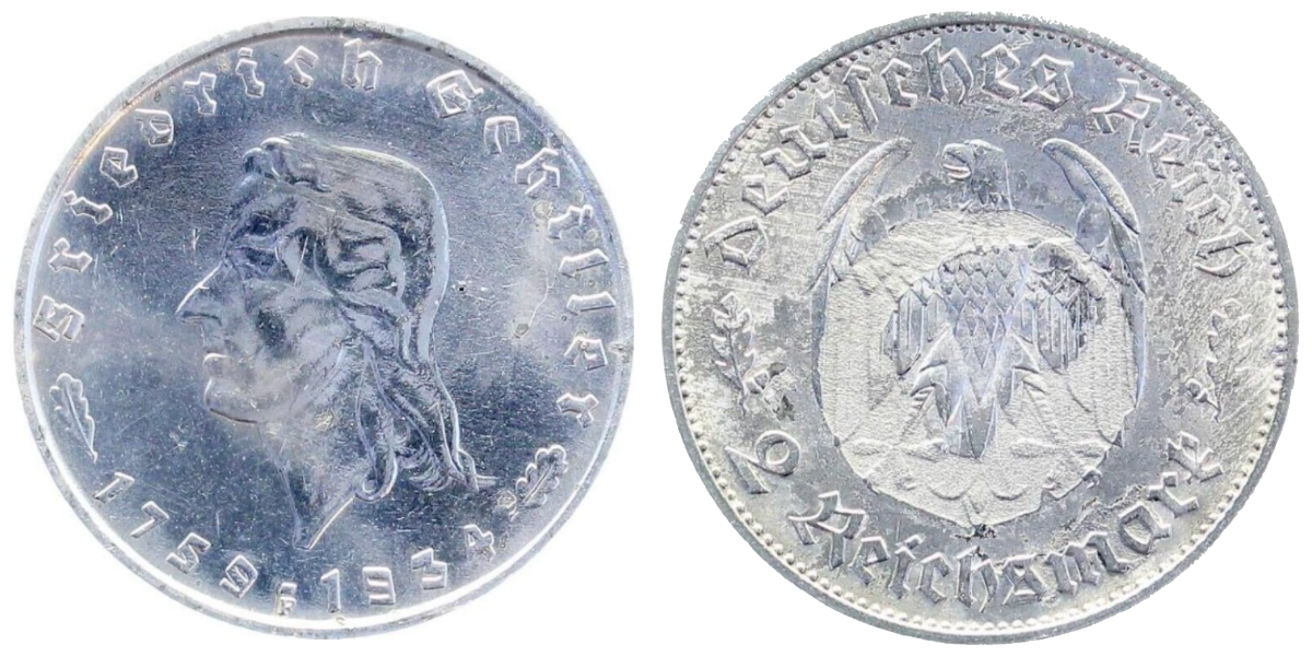 2 Reichsmark Schiller 1934 F J358 Schrötlingsfehler