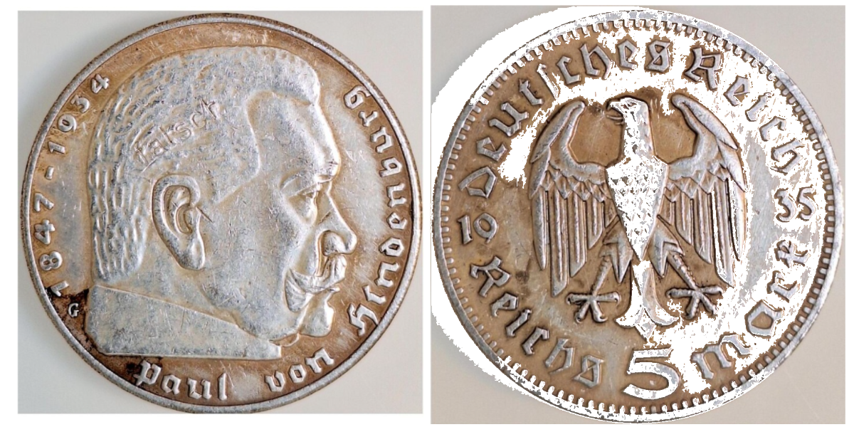 5 Reichsmark Hindenburg 1935 G Fälschung J360, noch nie gehabt Cu-Legierung
