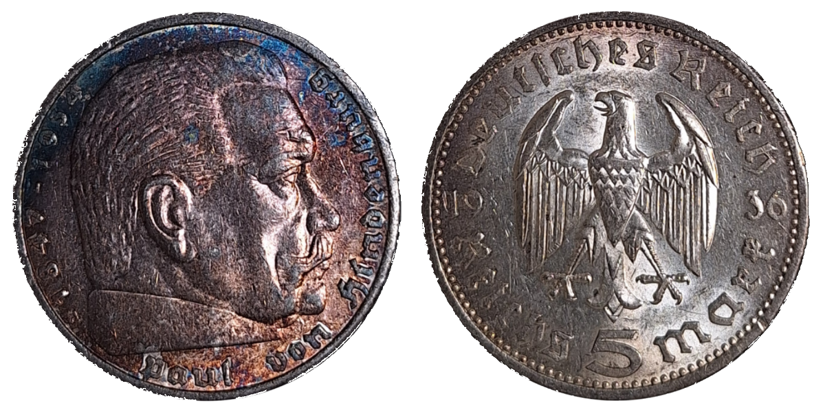 5 Reichsmark Hindenburg 1936 A vz+ herrliche Patina